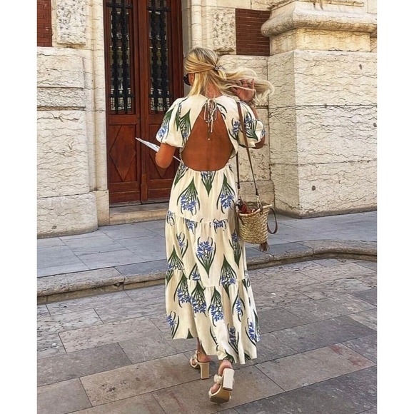 Zara Dresses & Skirts - NWT Zara Floral blue ecru backless open back maxi tiered dress puff sleeve linen